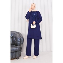 Nz Taş İşlemeli Kabartma Çiçekli Tesettür Takım Lacivert