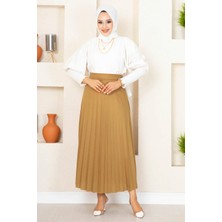 MDS Beli Lastikli Piliseli Tesettür Etek Latte