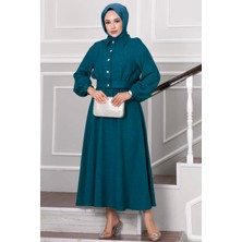 Md Taşlı Düğme Detaylı Etekli Tesettür Takım Petrol