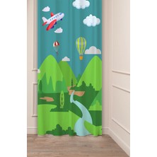 Greendecor Doğa Uçak Balon Paraşüt Özel Tasarım Desenli Dijital Baskılı (Tek Kanat) Çocukodası Modern Fon Perde