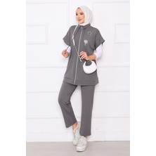 Md Taş Işlemeli Fermuarlı Yelek Takım Gri