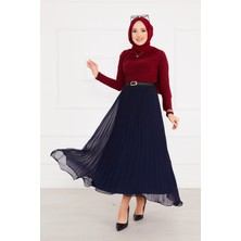 Kç Altı Volanlı Piliseli Tesettür Etek Lacivert