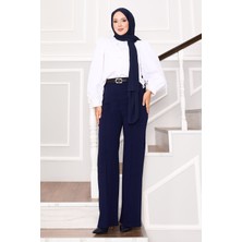 MDS Önü Çımalı Beli Lastikli Palazzo Pantolon  Lacivert