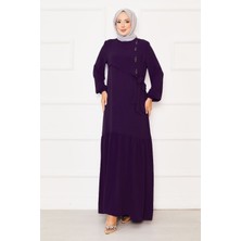 Asm Önü Aller Ve Taş Detaylı Bağlamalı Elbise Mürdüm