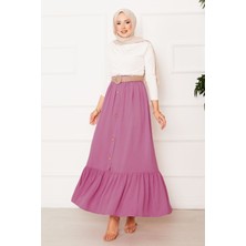 ZMR Beli Lastikli Düğme Detaylı Tesettür Etek Gülkurusu