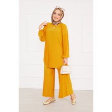 Nz Piliseli Rahat Kalıp Tesettür İkili Takım Hardal