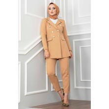 EMD Mendil Yaka Detaylı Tesettür Takım Latte