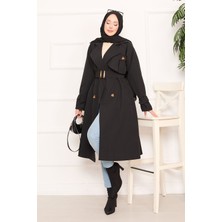 Md Aller Detaylı Seyyar Kuşaklı Tesettür Trençkot Siyah