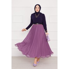 Kç Altı Volanlı Piliseli Tesettür Etek Lila
