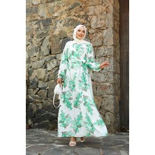 EFL Yandan Bağlamalı Çiçek Desen Modal Elbise Yeşil