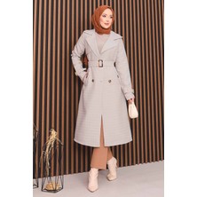 Md Kruvaze Yaka Kemerli Tesettür Kapitone Trençkot Taş