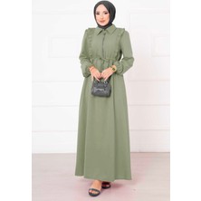 Asm Yarım Fermuarlı Fırfır Detaylı Tesettür   Elbise Mint