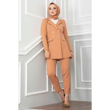 EMD Mendil Yaka Detaylı Tesettür Takım Camel