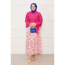 Asm Gömleği Kendinden Kuşaklı Geniş Kol Etekli Takım Pembe