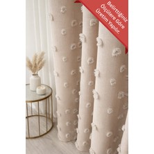 Fluiana Fon Perde Bej Pufy Püsküllü, Ponponlu, Perde Sık Pileli Keten Pano Fon Tek Kanat