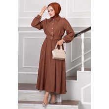 Md Taşlı Düğme Detaylı Etekli Tesettür Takım Kahve