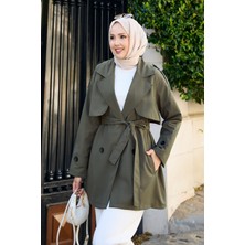 Md Seyyar Kuşaklı Düğmeli Kısa Trençkot Haki