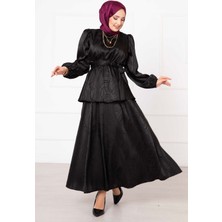 Md Beli Büzgülü Kuşaklı Etekli Jakar Takım Siyah