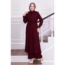 Asm Belden Bağlamalı Pantolonlu Tesettür Takım Bordo
