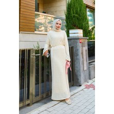 Krd Ajurlu File Detaylı Triko Elbise Krem