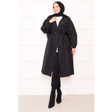 Sm Kol Ucu Lastikli Seyyar Kuşaklı Tesettür Trenç Siyah