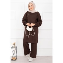 Nz Taş İşleme Çiçek Detaylı Tesettür İkili Takım Kahve