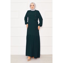 Asm Önü Aller Ve Taş Detaylı Bağlamalı Elbise Petrol