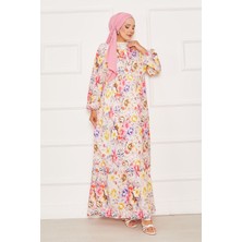 Mlk Çiçekli Yarım Düğmeli Tesettür Elbise Pembe