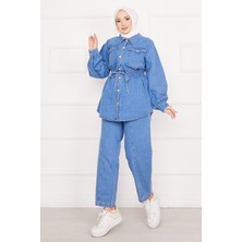 Md Cep Detaylı Belden Bağcıklı Tesettür Kot Takım Mavi