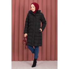 Hsm Kürk Kapüşonlu Çıtçıt Detaylı Şişme Mont Siyah