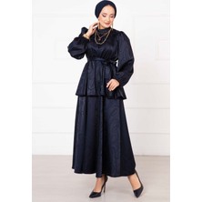 Md Beli Büzgülü Kuşaklı Etekli Jakar Takım  Lacivert