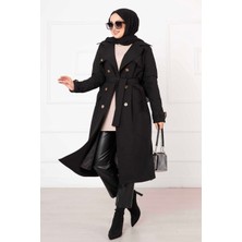 OC Rahat Kalıp Kruvaze Düğme Detaylı Kolları Ayarlanan Trençkot Siyah