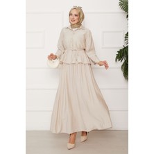 ZNK Beli Bağcık Detaylı Etekli İkili Çilek Takım Krem