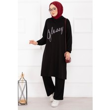 Azr Glossy Taş Detaylı Kapüşonlu Tesettür Takım Siyah