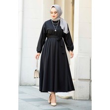 Beli Kuşaklı Tesettür  Elbise 100MD-10528 Siyah