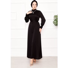 Msk Balon Kol Taş Detaylı Tesettür Elbise Siyah