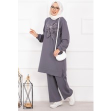 Nz Taş İşlemeli Kabartma Çiçekli Tesettür Takım Gri