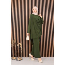 Ozk Degaje Dökümlü Sandy Tesettür İkili Takım Haki