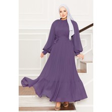 Md Kolları Organze Tesettür Abiye Lila