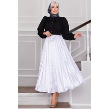 Md Saten Serpme Taşlı Piliseli Etek Beyaz