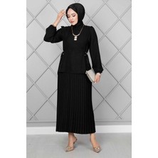 Md Yanları Kemerli Tesettür İkili Takım Siyah