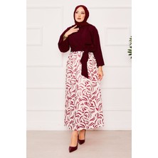 Asm Gömleği Kendinden Kuşaklı Geniş Kol Etekli Takım Bordo