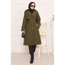 Md Arkası Düğme Detaylı Seyyar Kuşaklı Tesettür Trençkot Haki