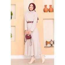 Md Balıkçı Yaka Beli Büzgülü Tesettür Elbise Bej