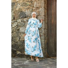 EFL Yandan Bağlamalı Çiçek Desen Modal Elbise Mavi