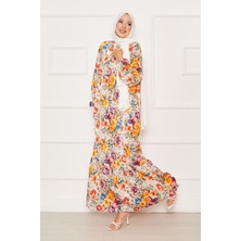 Mlk Çiçekli Yarım Düğmeli Tesettür Elbise Turuncu