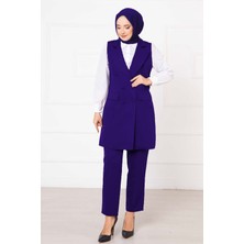 HP Mendil Yaka Uzun Yelek Takım Saks