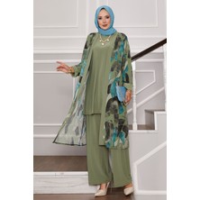 Mat Şifon Kimono Detaylı Üçlü Kombin Yağ Yeşil