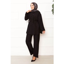 Md Önü Brit Detaylı Beli Seyyar Bağcıklı İkili Takım Siyah