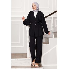 Md Kuşaklı Ve Düğmeli Kimono Takım Siyah